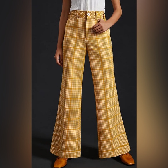 Maeve Pants - Maeve Anthropologie Mustard Plaid Wide Leg Pants Retro Mod US 8